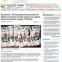 Economa.- El mercado transaccional de Mxico moviliza un 24% menos de capital hasta noviembre, segn TTR Data